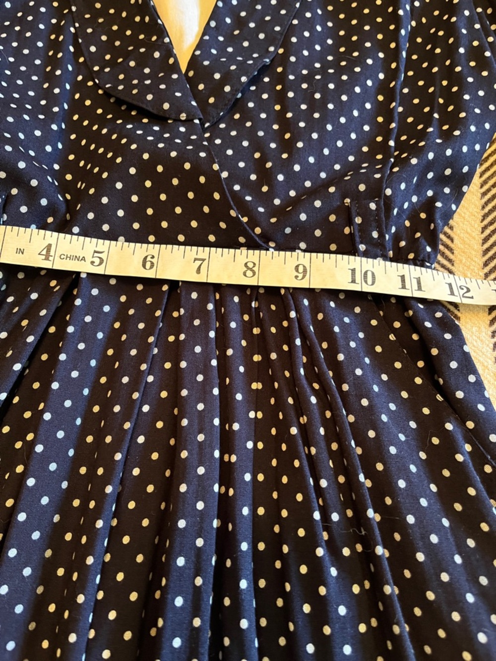 Vintage Navy Polka Dot Midi Dress with Wrap Bodice made in USA - Picture 8 of 14